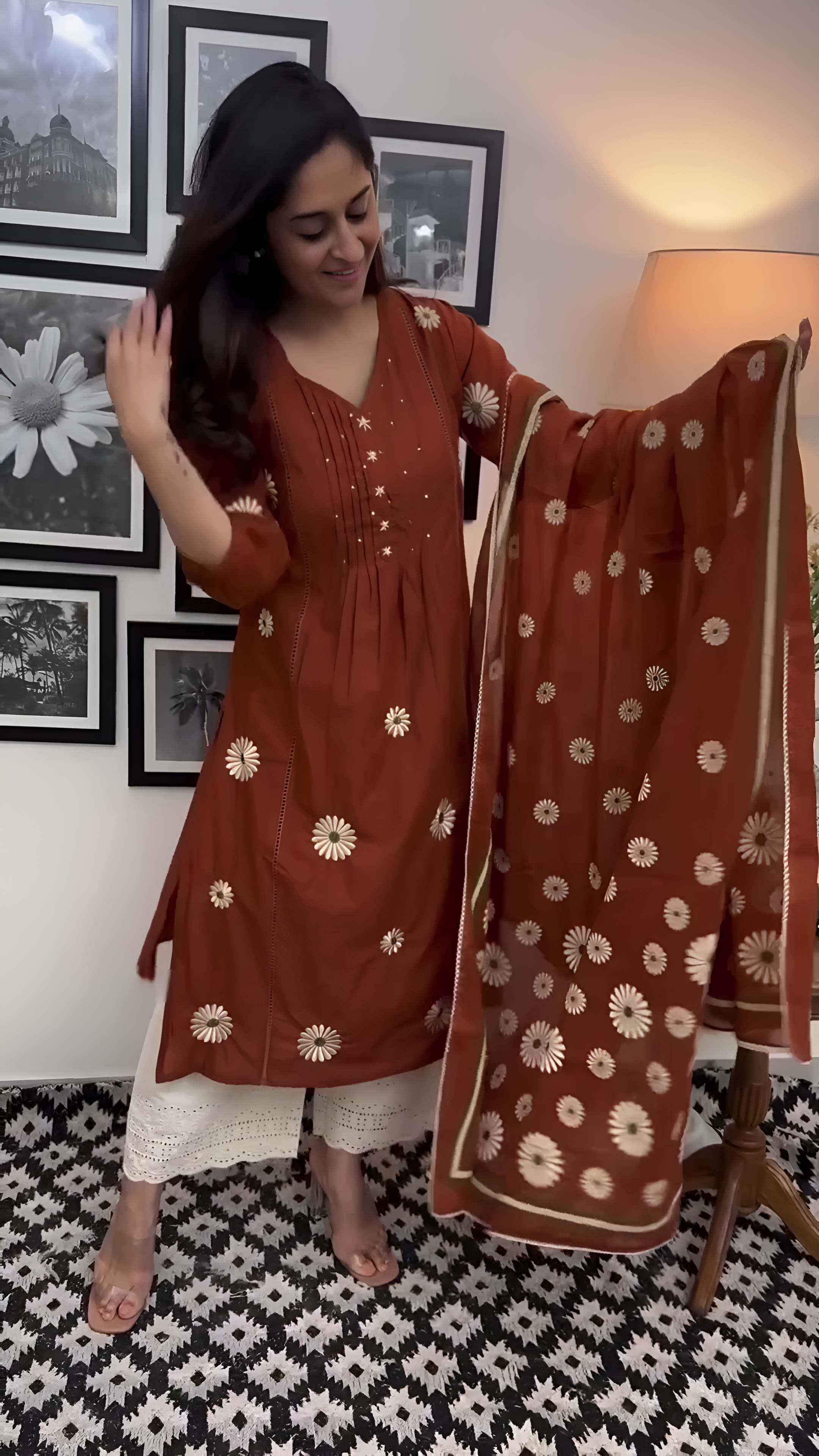 Nira Embroidered Flared Kurta Pants Set With Embroidered Dupatta