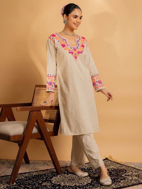 Avni Beige Embroidered Straight Kurta with Palazzo Set