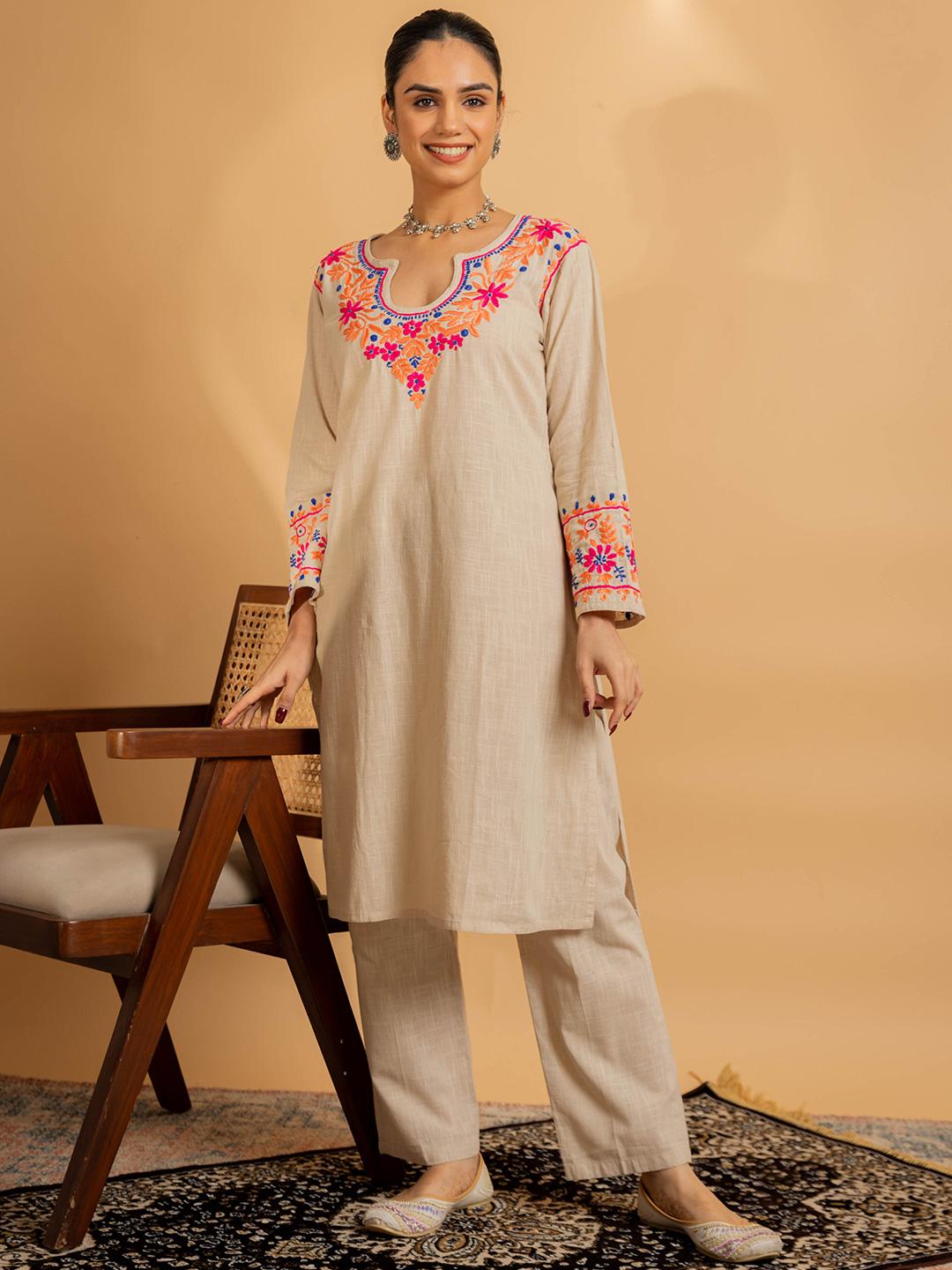 Avni Beige Embroidered Straight Kurta with Palazzo Set