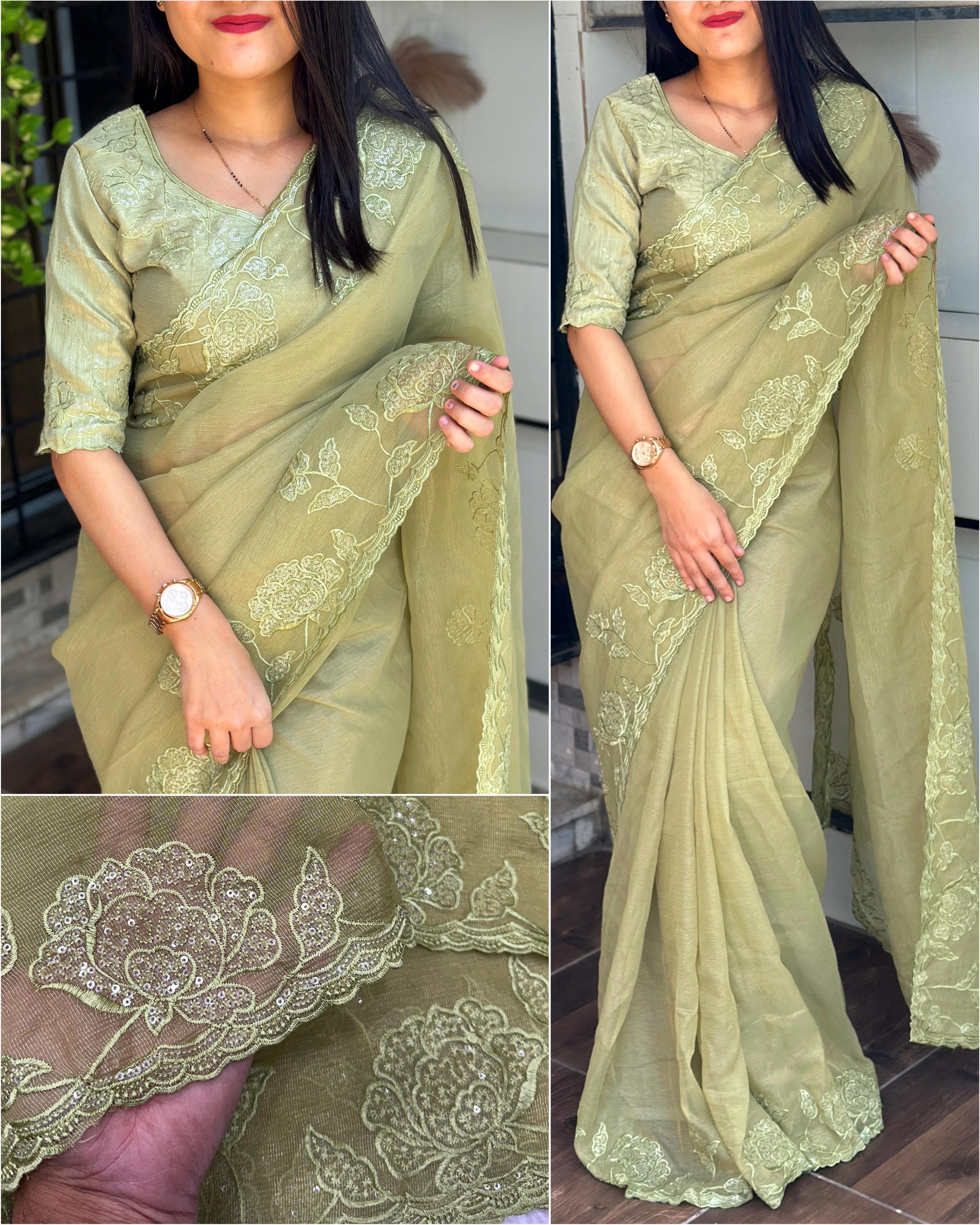 Shalu multi thread Embroidery work in saree with cutwork border
