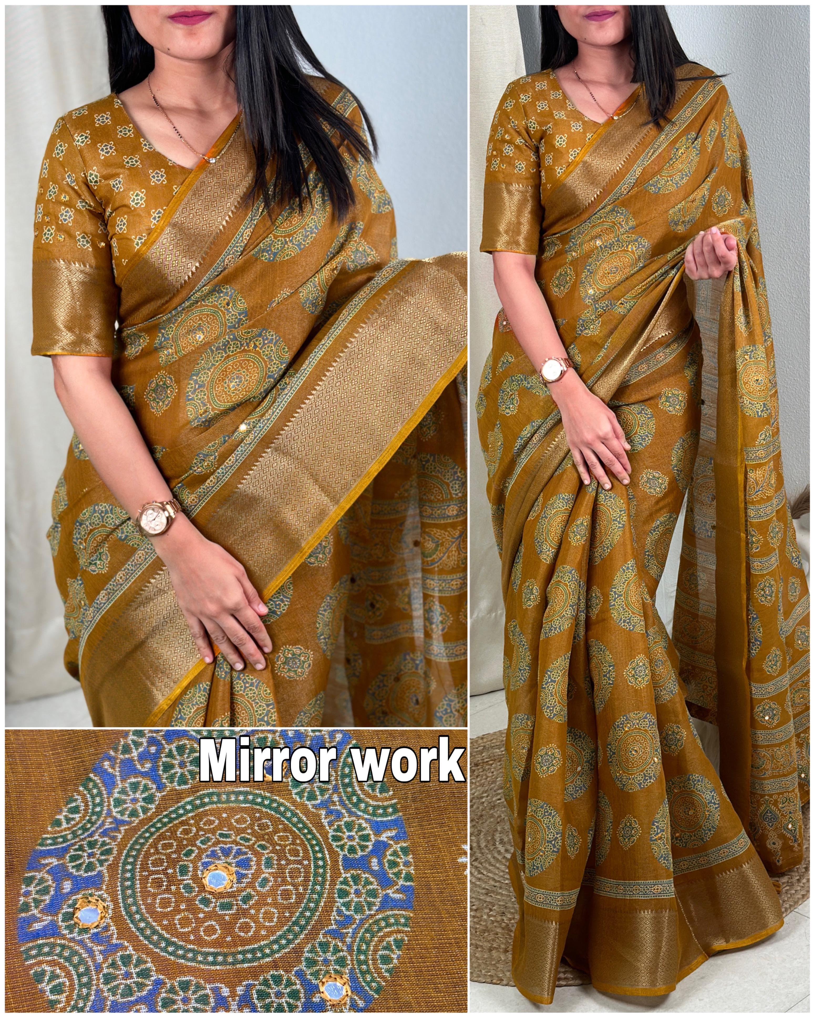Chandni Designer hand printed saree with zari weaving in full saree