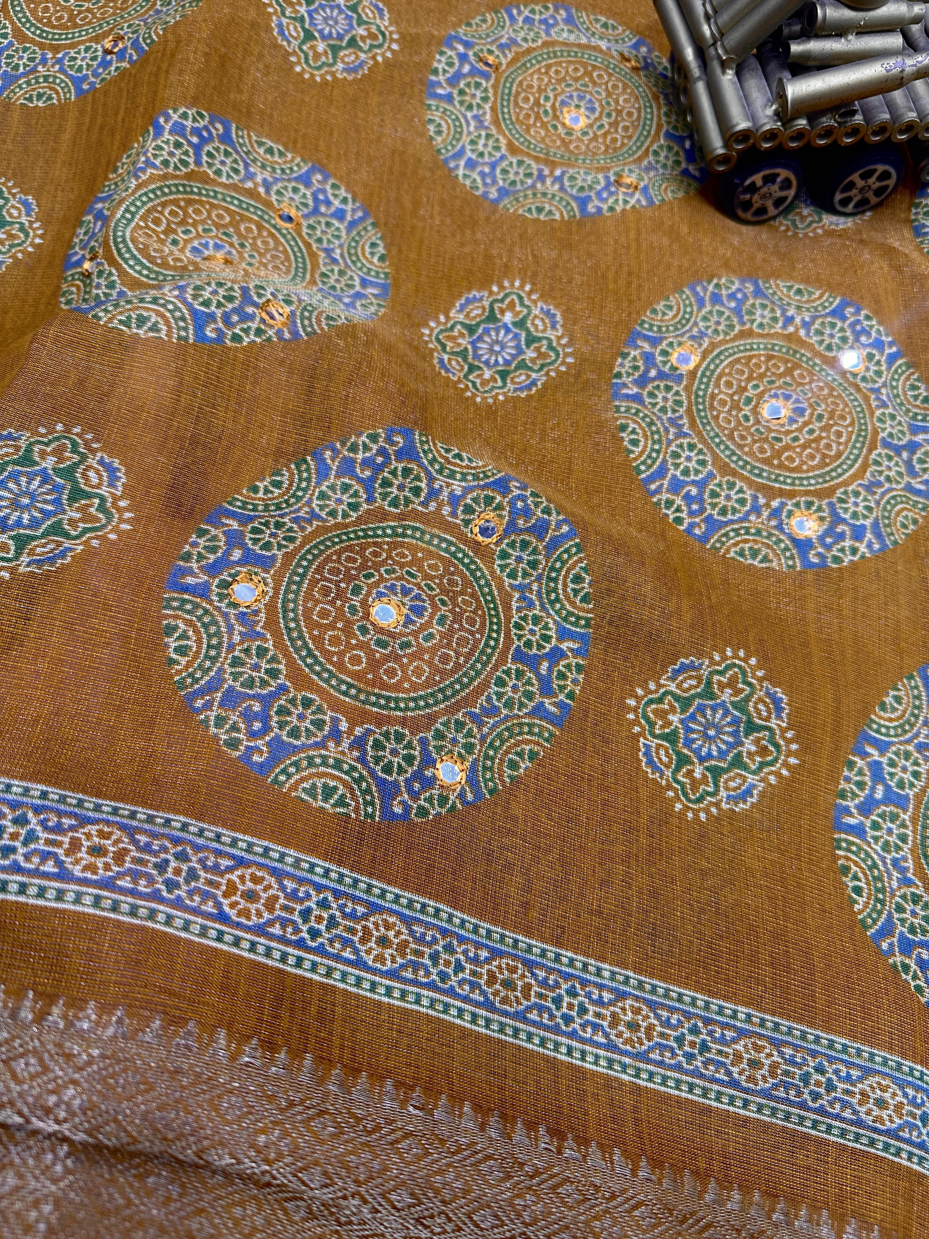 Chandni Designer hand printed saree with zari weaving in full saree