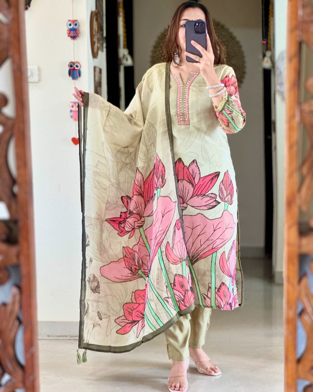 Women Floral Straight Mirror Worked Kurta Pants Set with Dupatta