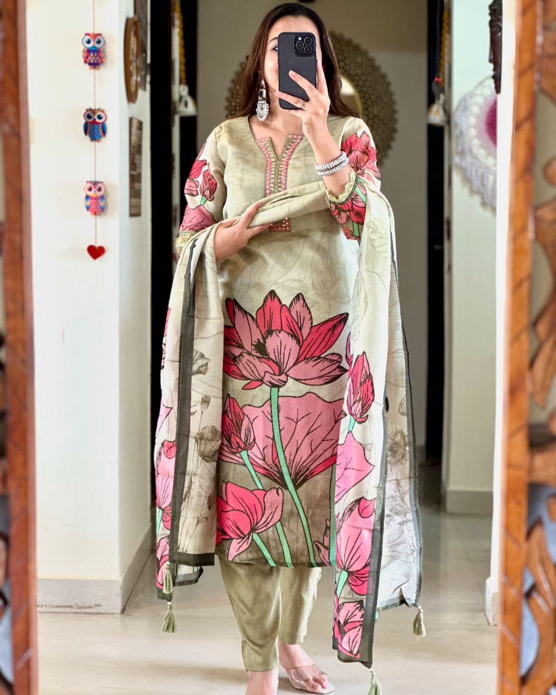 Women Floral Straight Mirror Worked Kurta Pants Set with Dupatta