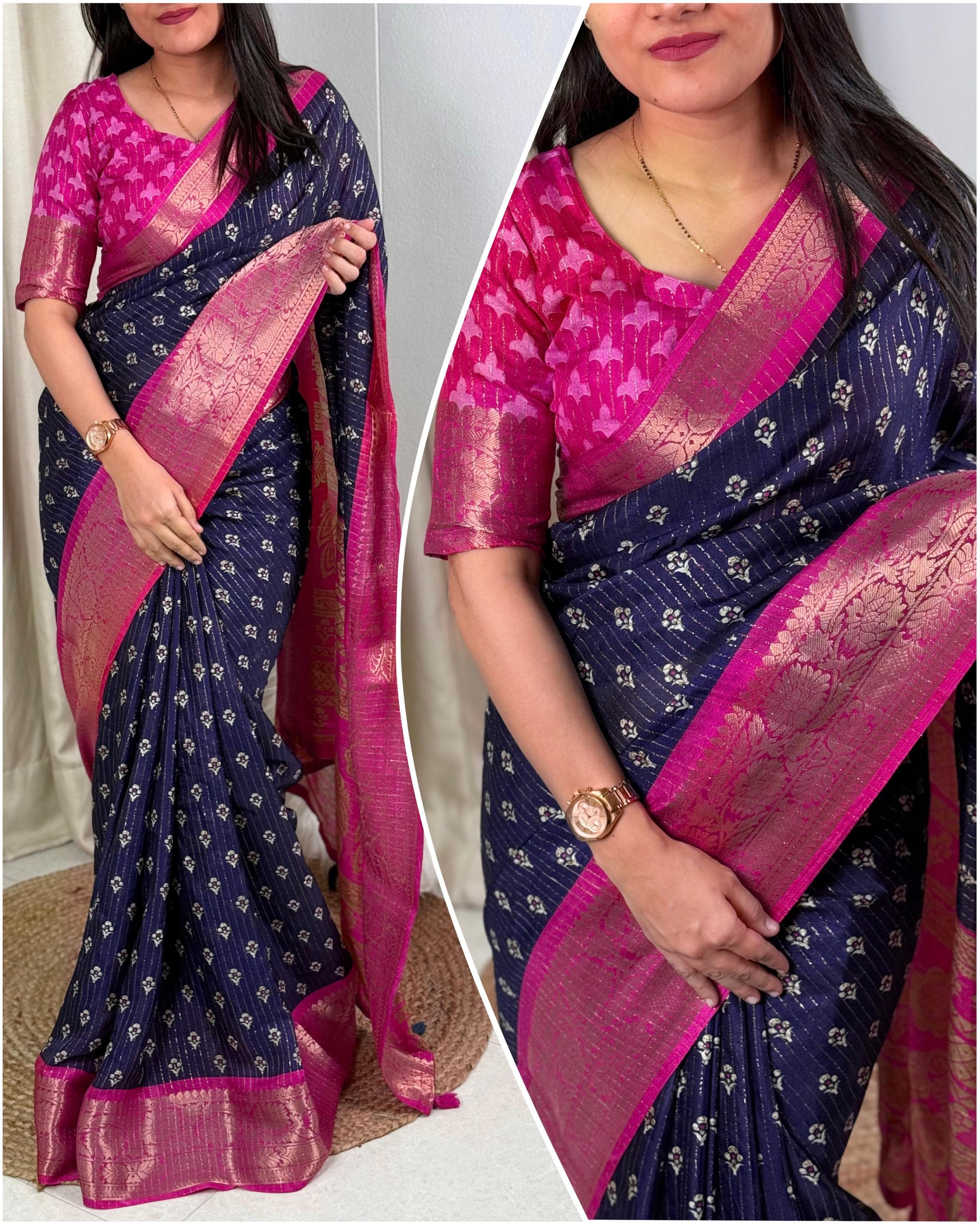 Printed saree with contrast color border