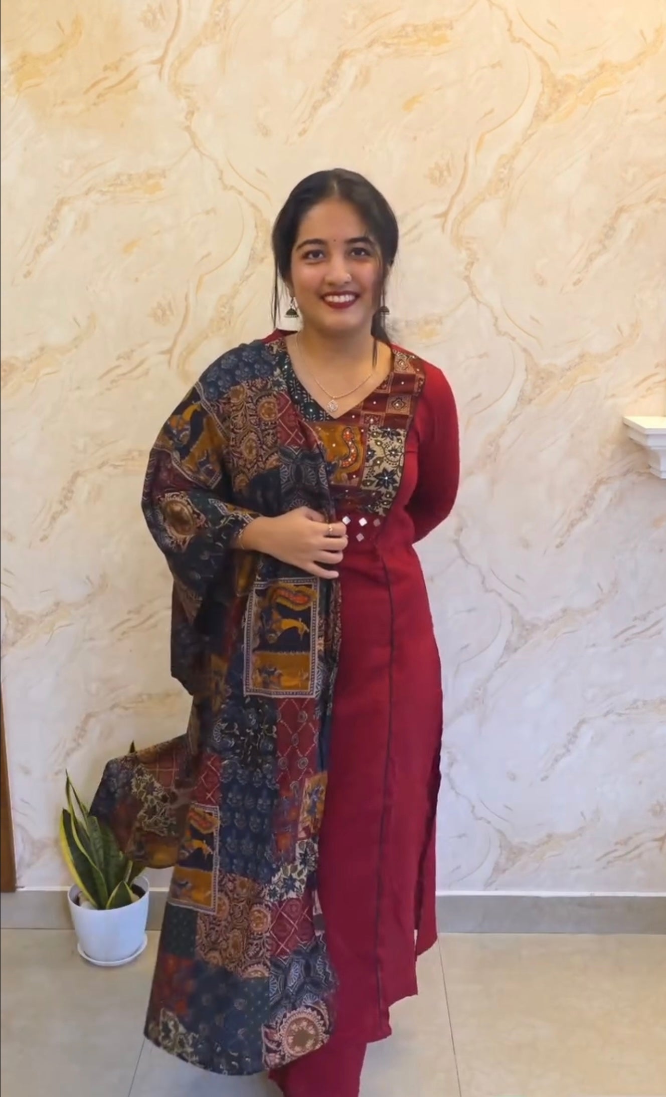 Charvi Ajrakh Printed Mirror Work Kurta Set.