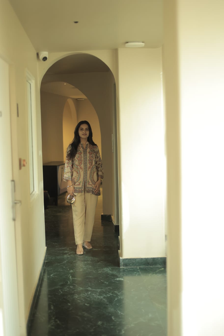 Beige Printed Crepe Set