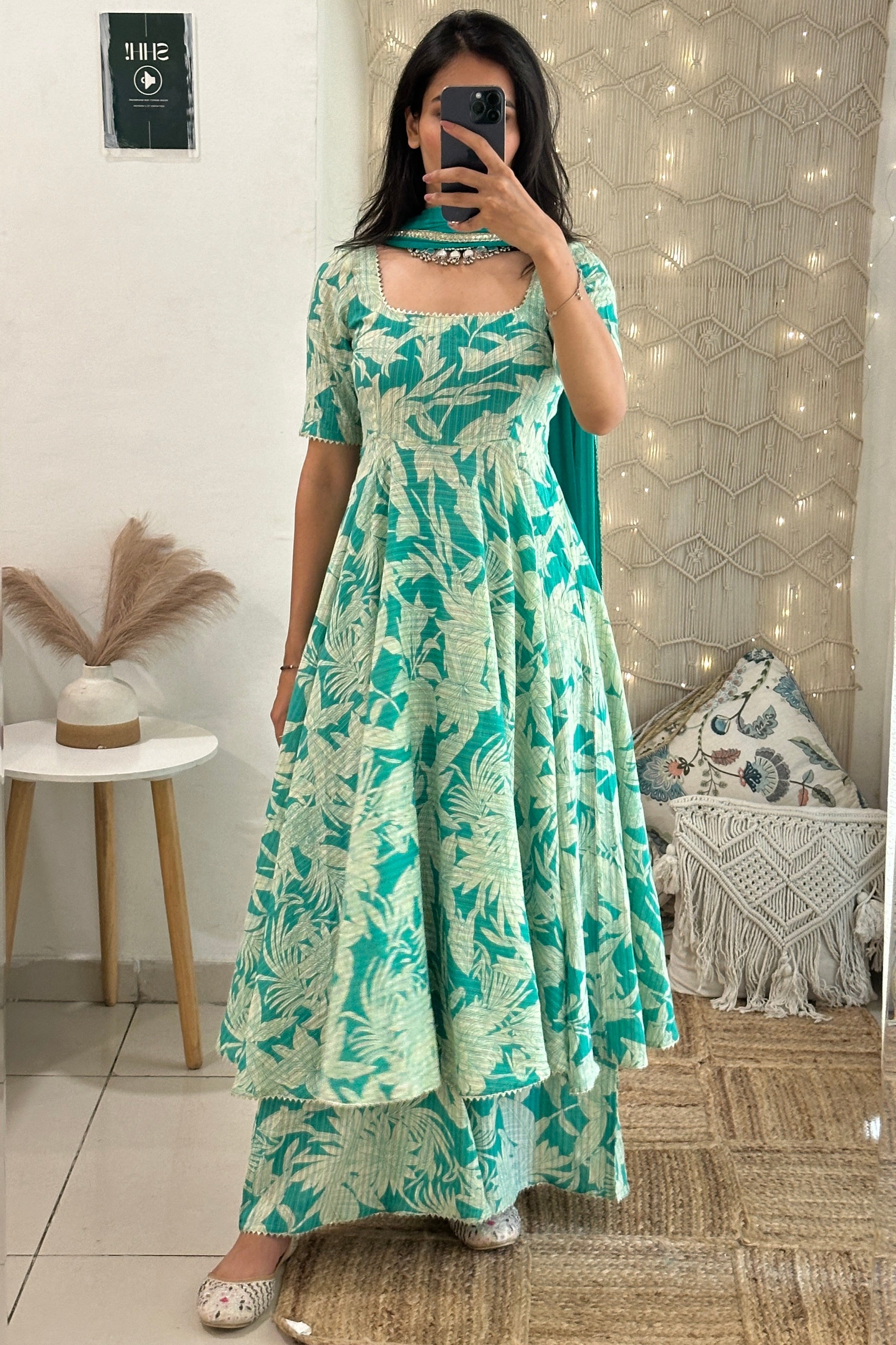 Zakhi Aqua Green Floral Printed Anarkali Kurta Set with Plazzo & Dupatta
