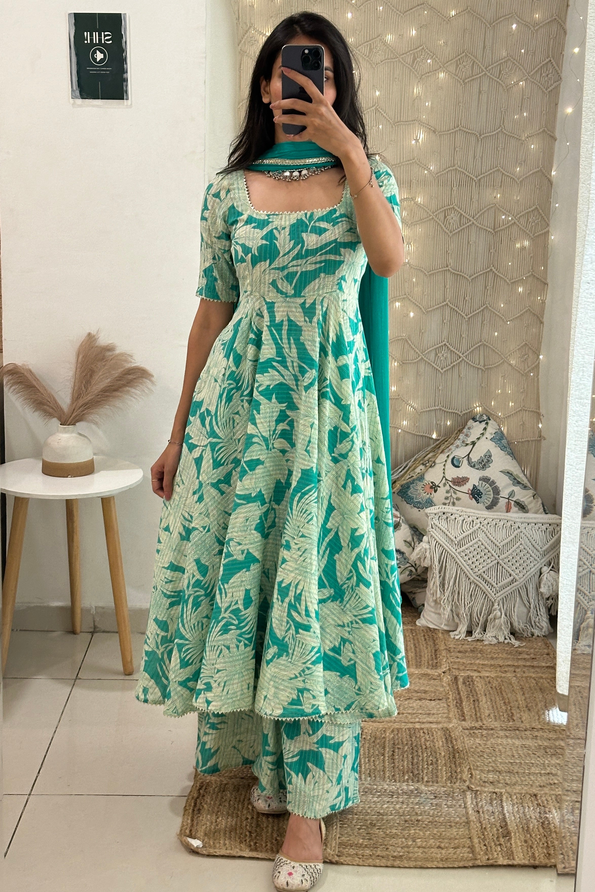 Zakhi Aqua Green Floral Printed Anarkali Kurta Set with Plazzo & Dupatta