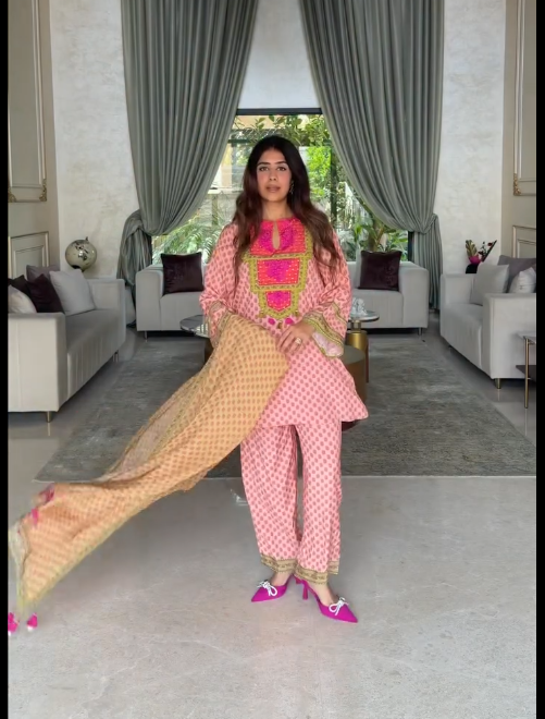 Jenny Pink Printed Kurta Pant Set with Designer Dupatta | Elegant Ethnic 3-Piece Suit Set