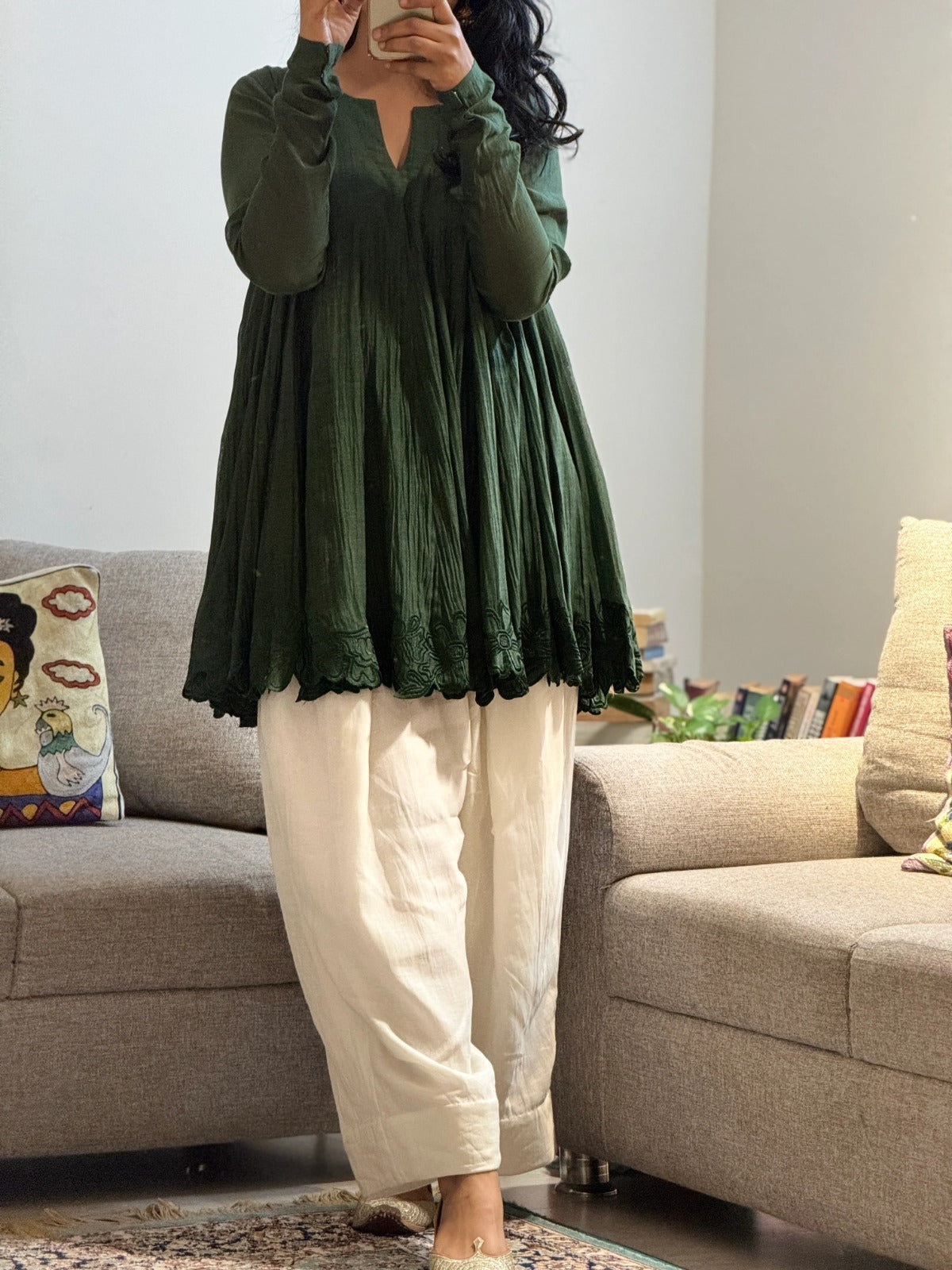 Olive green embroidered Anarkali set