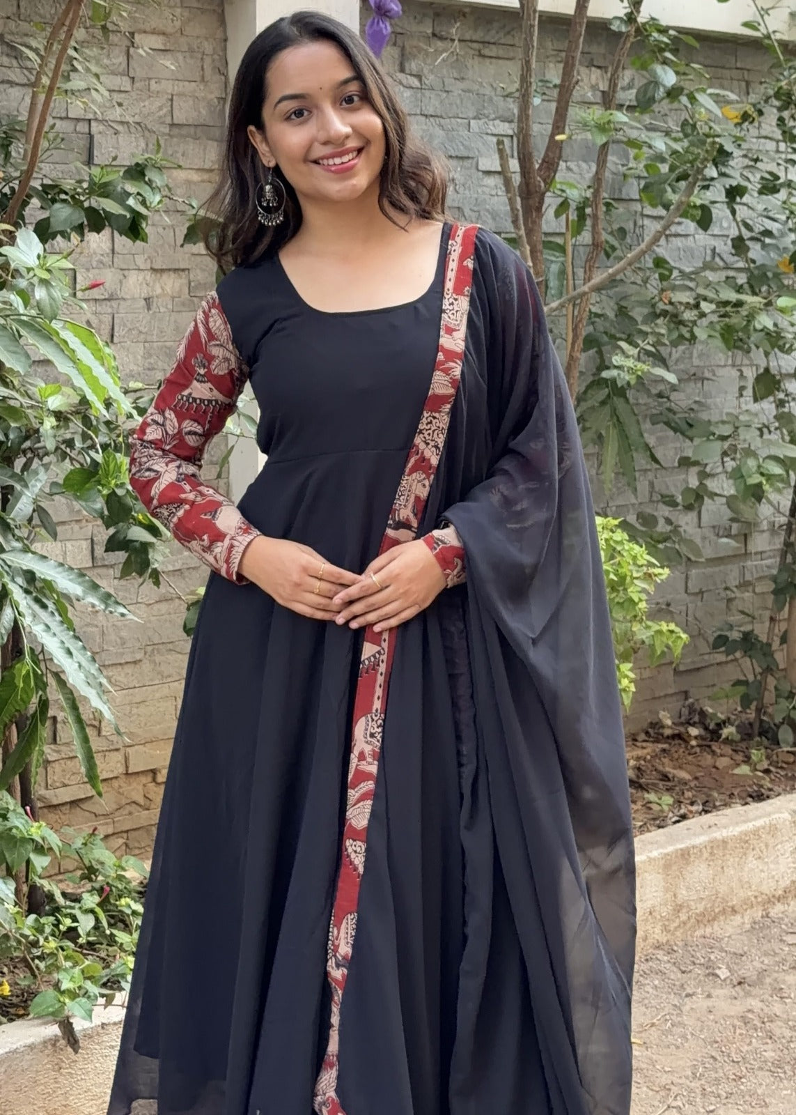 PALLAK Black Anarkali Suit Set with Printed Sleeves & Matching Dupatta for Women