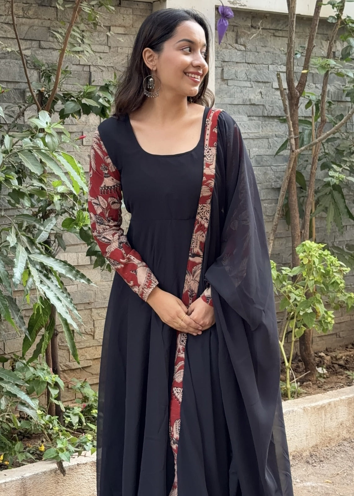 Pallak Black Anarkali Suit Set with Printed Sleeves & Matching Dupatta for Women