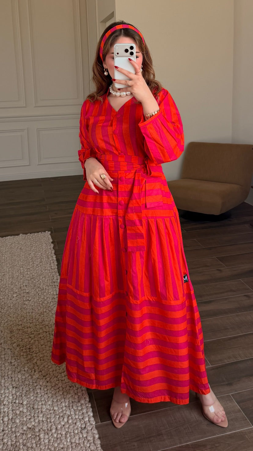 Aarya Sunset Stripe Cotton Flared Maxi Dress with Belt | Vibrant Pink & Orange
