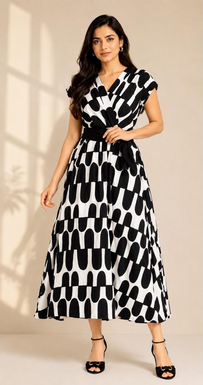 Dhruvi Black & White Printed Wrap Style Midi Dress