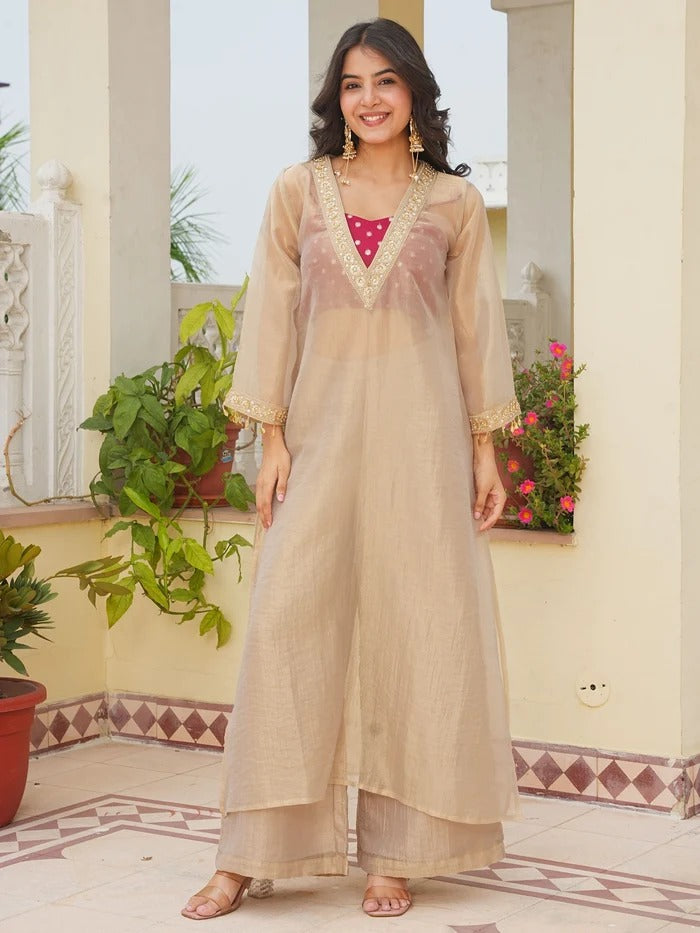 Isha Elegant Beige Tissue Silk Kurta Set for Women