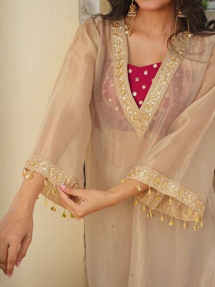 Isha Elegant Beige Tissue Silk Kurta Set for Women