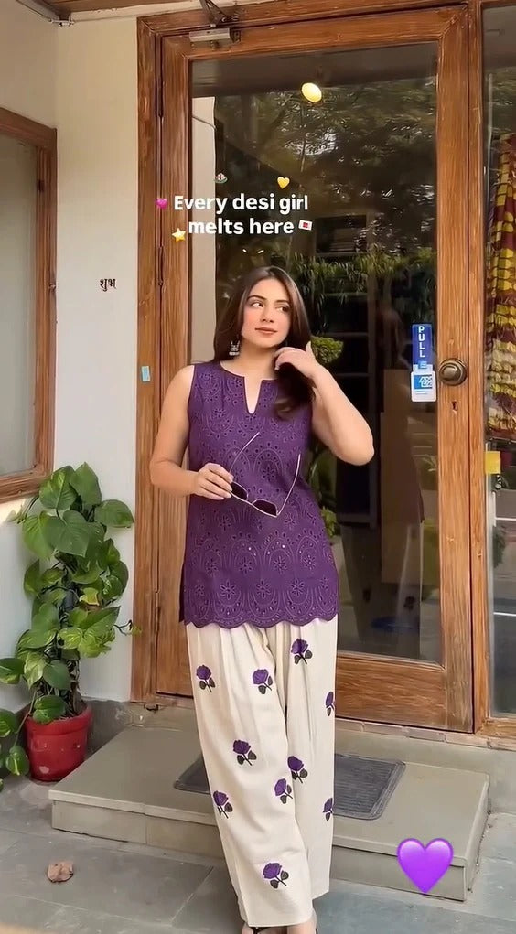 Juhi Purple Cotton Embroidered Sleeveless Kurta with Shifali Wrok Palazzo Set