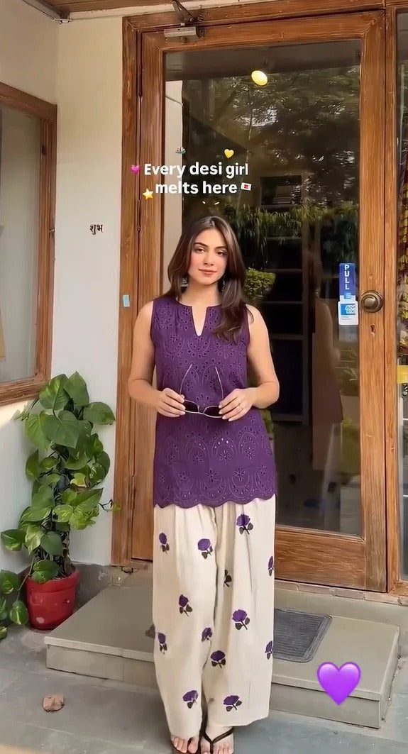 Juhi Purple Cotton Embroidered Sleeveless Kurta with Shifali Wrok Palazzo Set