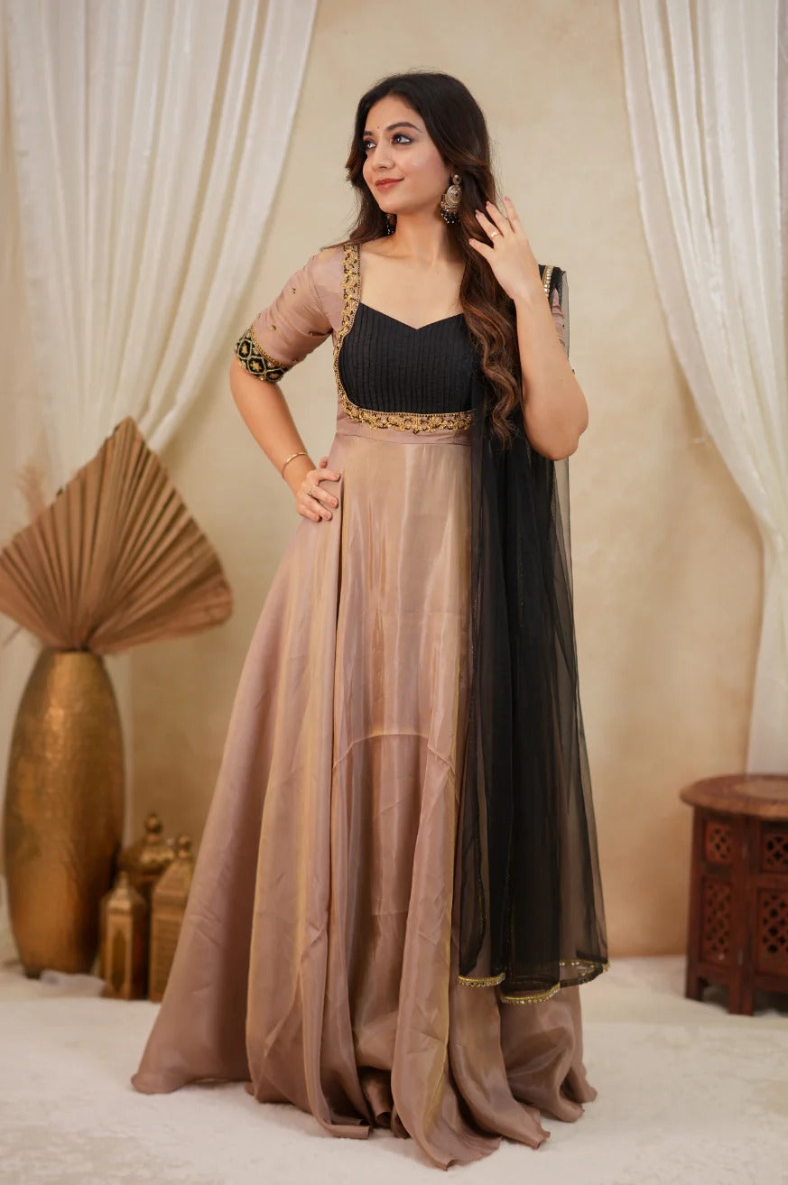 Reenu Taupe & Black Embroidered Anarkali Gown Set with Net Dupatta