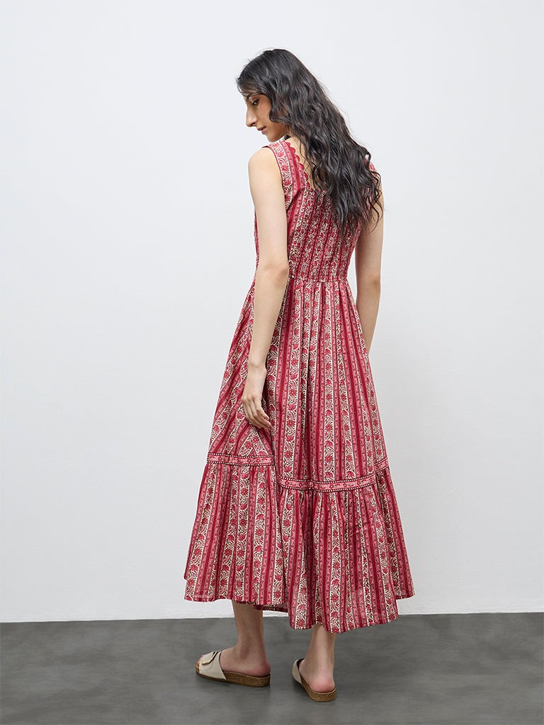 Musafir Red Printed Fit & Flare Maxi Dress – Stylish Sleeveless Casual Dress
