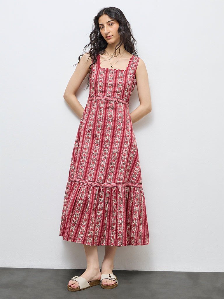 Musafir Red Printed Fit & Flare Maxi Dress – Stylish Sleeveless Casual Dress