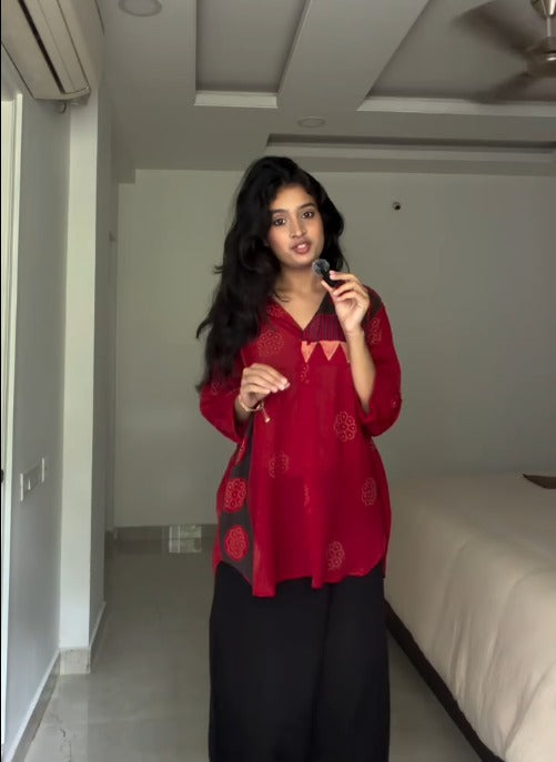 Heli Red Printed Shirt & Wide-Leg Pant Co-Ord Set