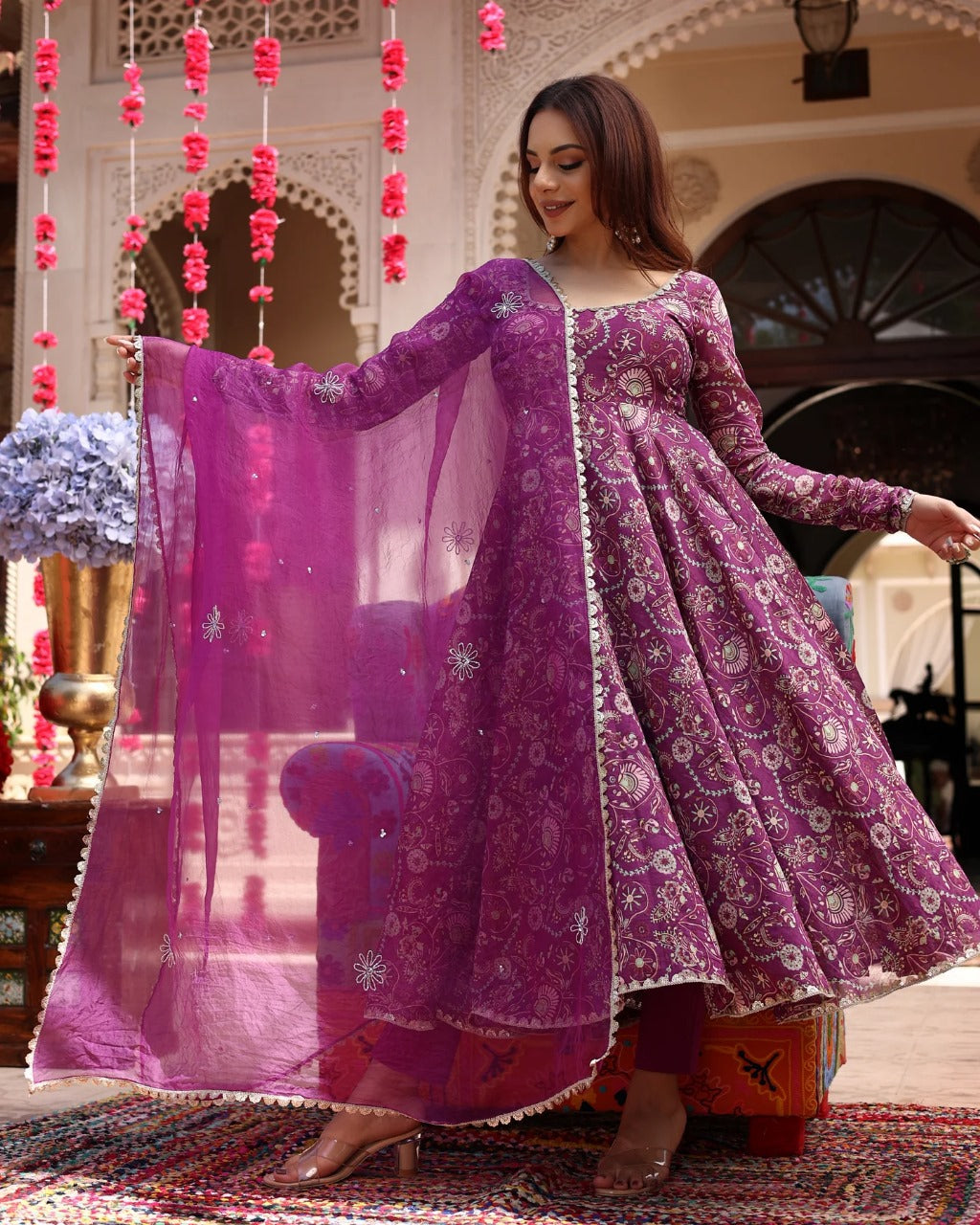 Floral Lavender Hues Printed Chanderi anarkali gown