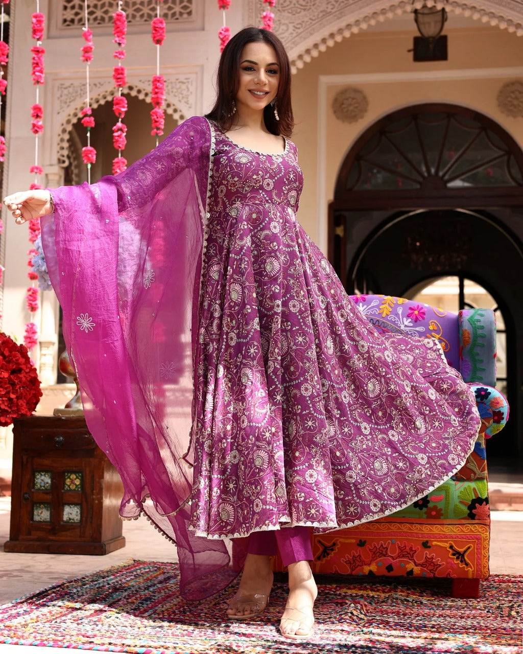 Floral Lavender Hues Printed Chanderi anarkali gown