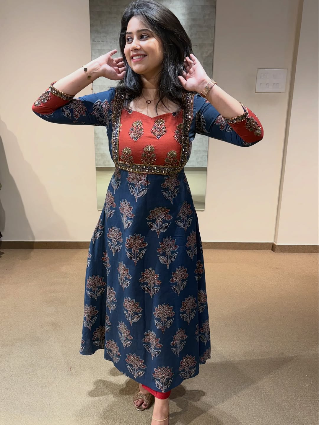 Anika Ajrakh Printed A-Line Kurthi with hand work.