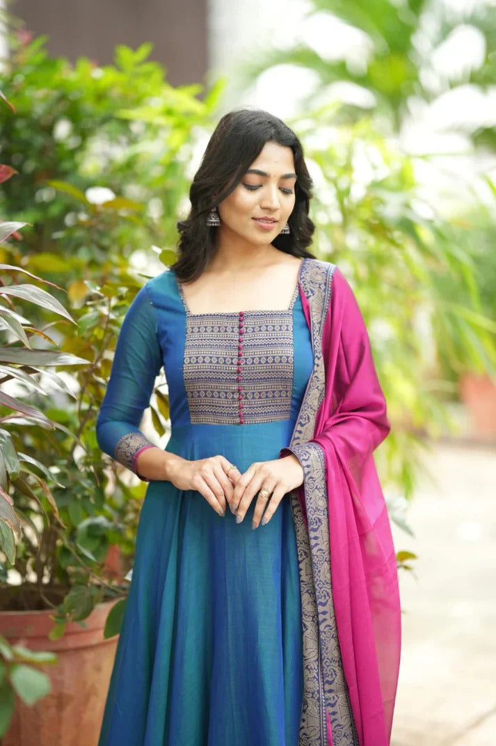 pure cotton anarkali dress Lilac Cotton Anarkali Suit With Delicate Thread Work