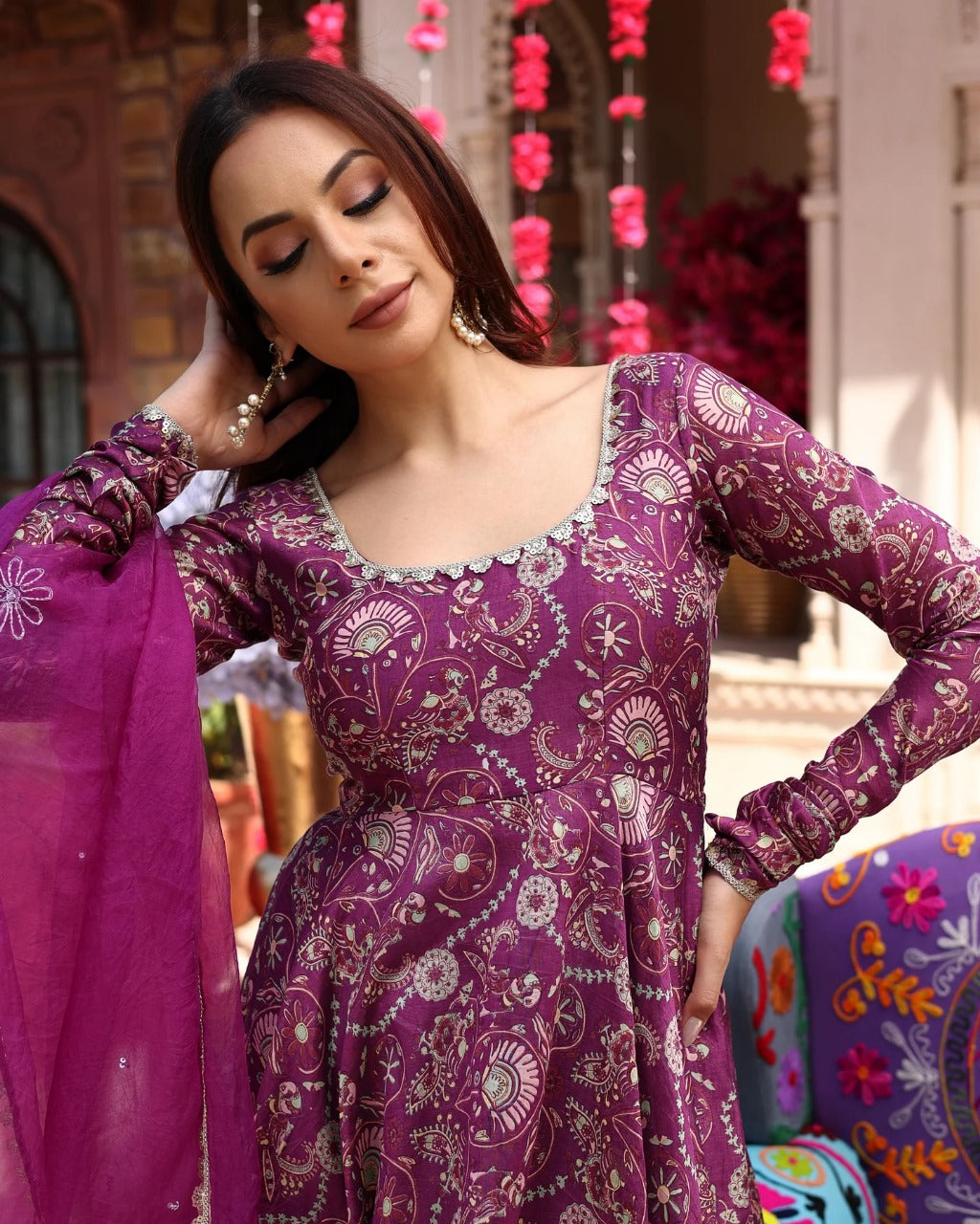 Floral Lavender Hues Printed Chanderi anarkali gown