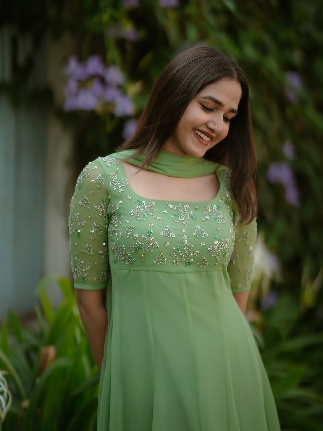 Yelina Hand Work Blooming Elegance in Mint Green