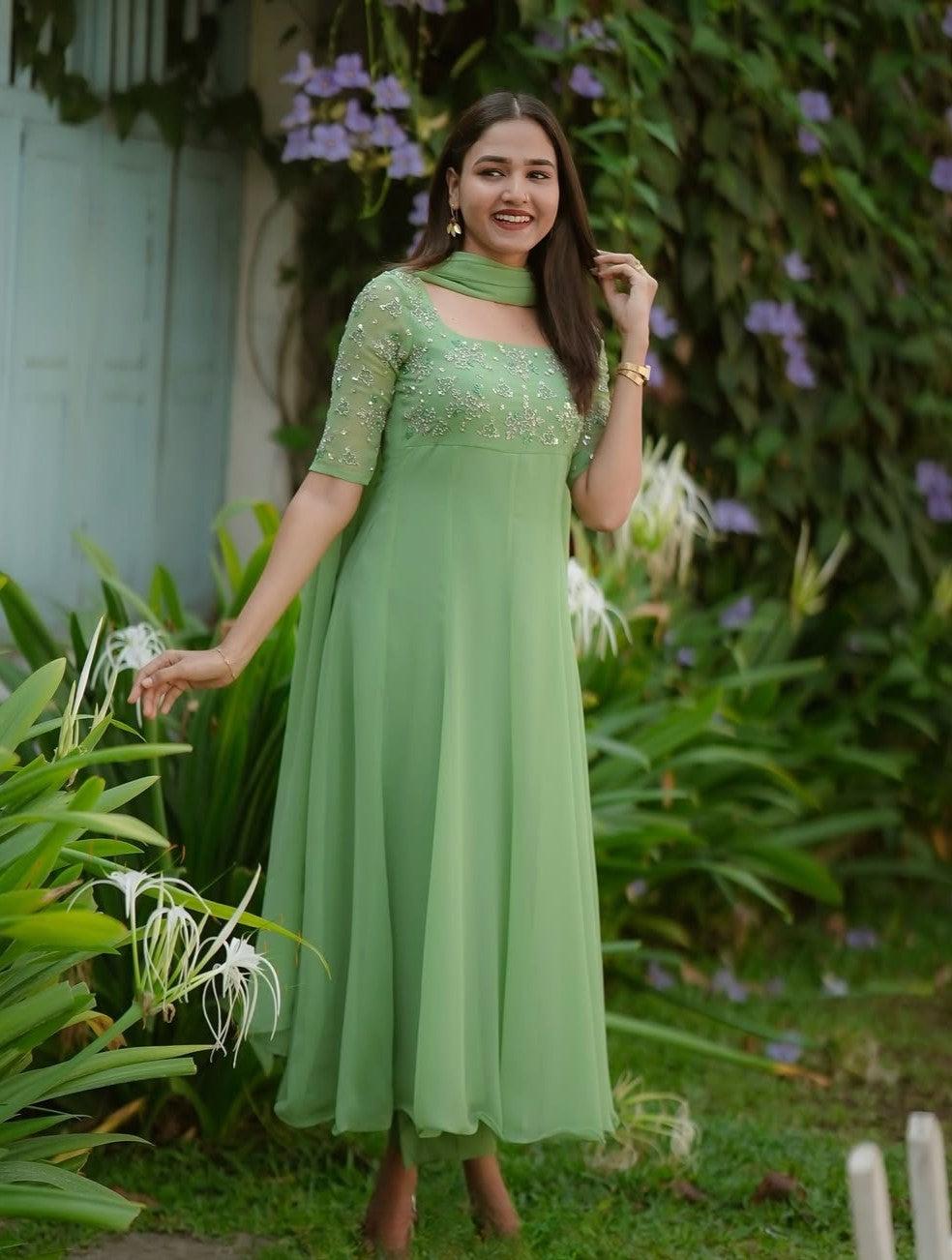 Yelina Hand Work Blooming Elegance in Mint Green