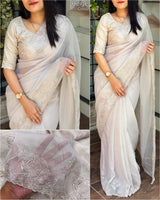 Shalu multi thread Embroidery work in saree with cutwork border