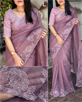 Shalu multi thread Embroidery work in saree with cutwork border