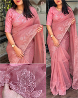 Shalu multi thread Embroidery work in saree with cutwork border