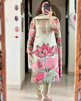 Women Floral Straight Mirror Worked  Kurta Pants Set with Dupatta