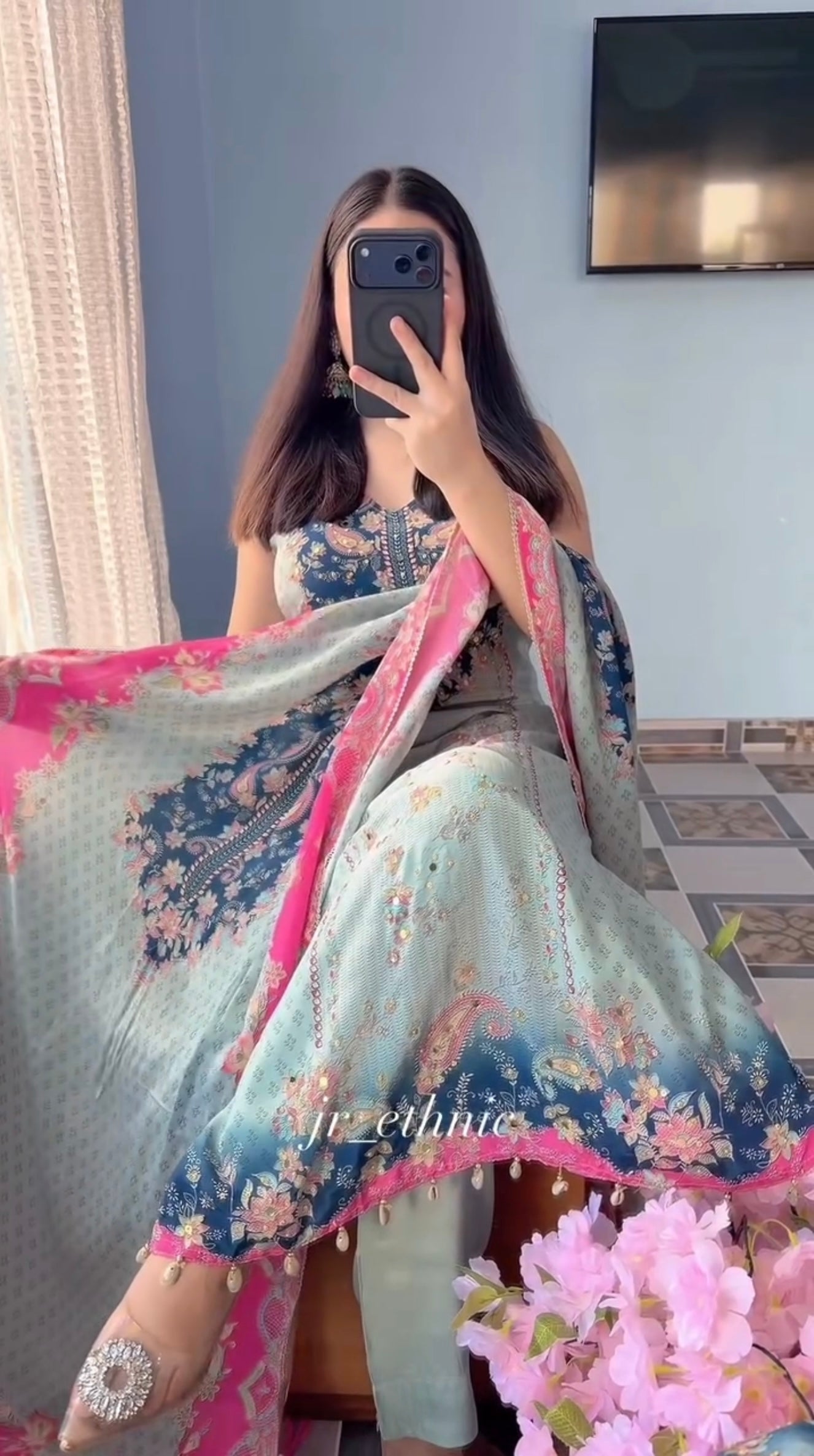 Farzhana creapsilk printed with handwork suit set.