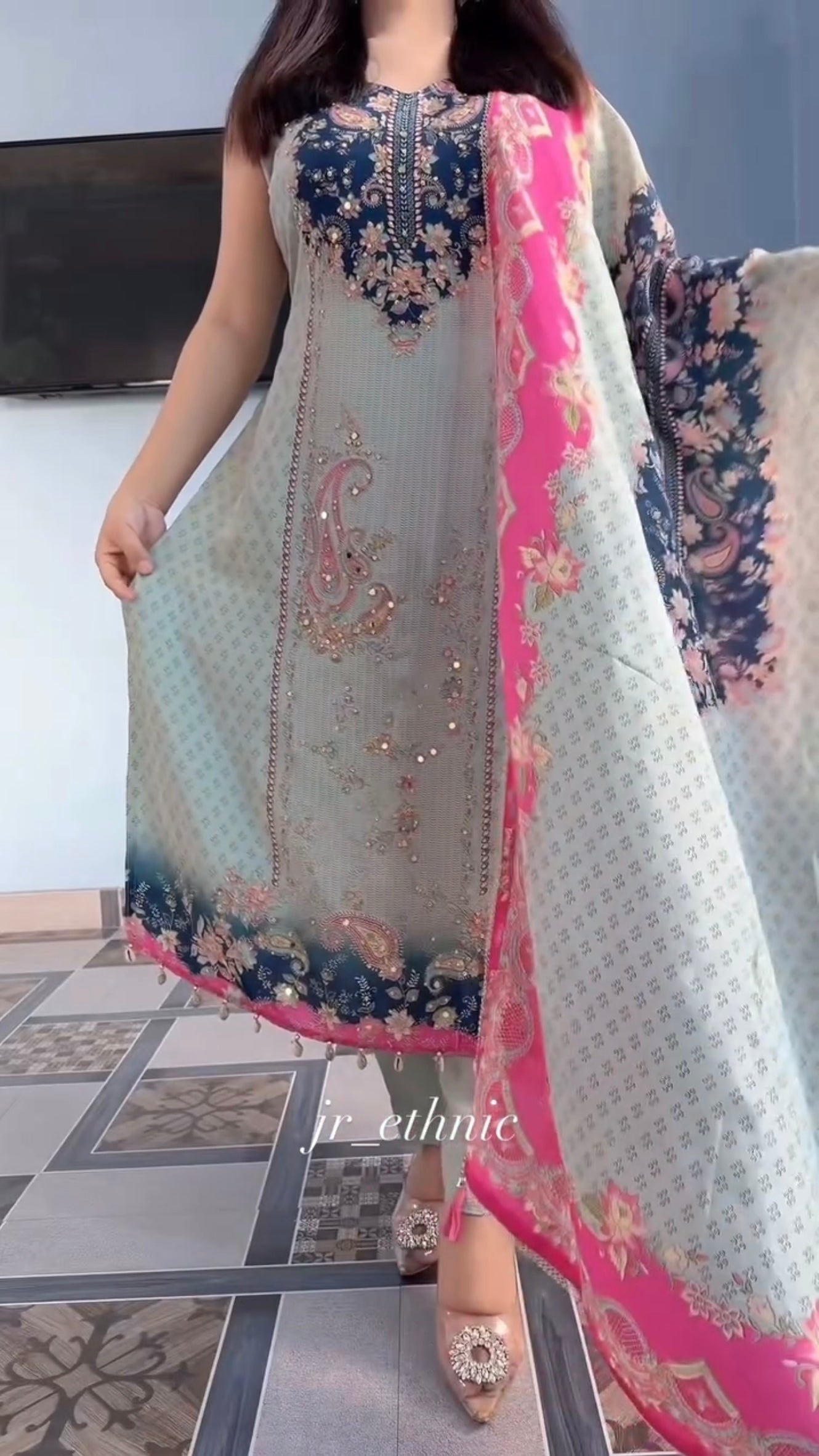 Farzhana creapsilk printed with handwork suit set.