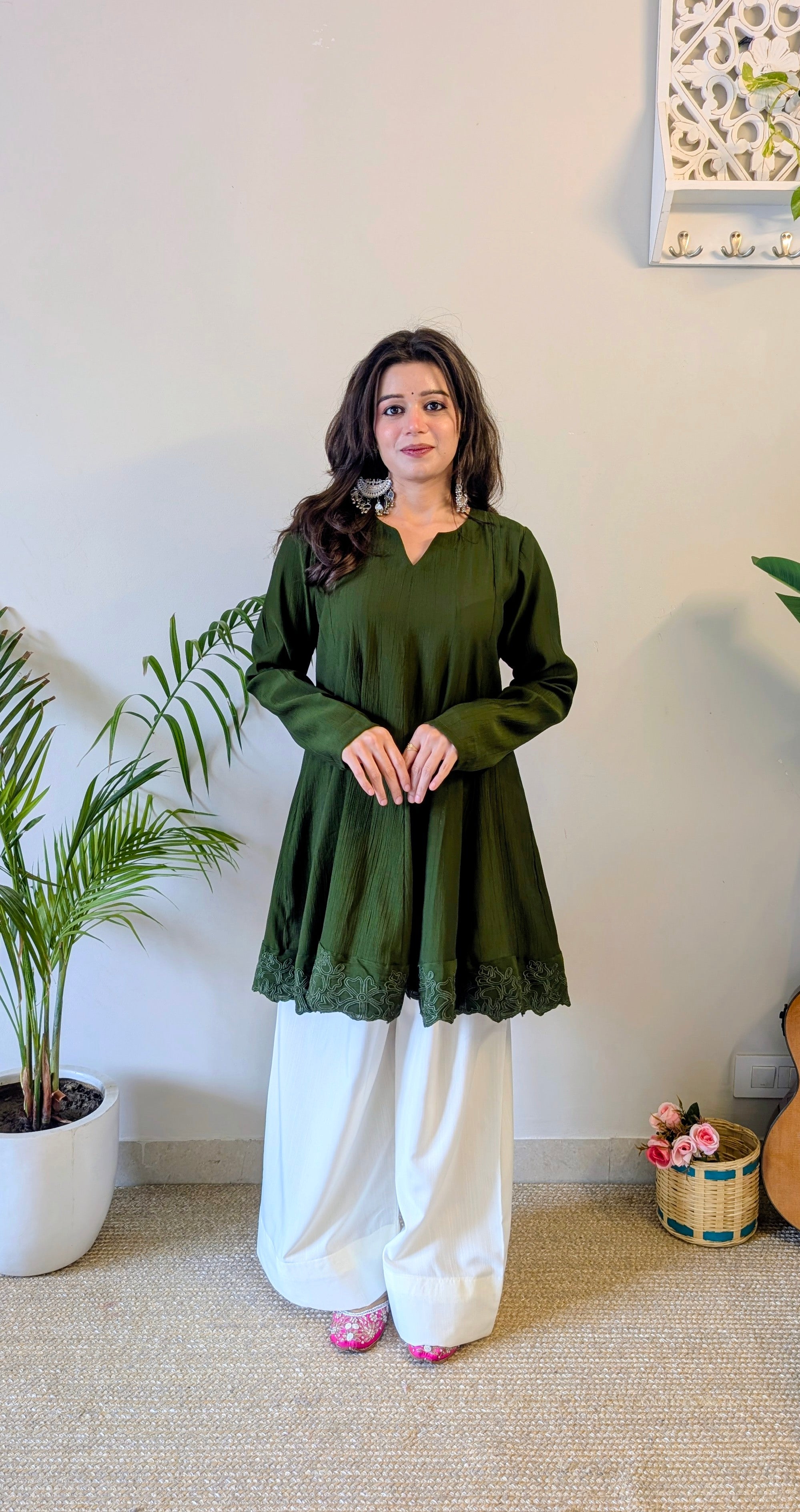 Olive green embroidered Anarkali set