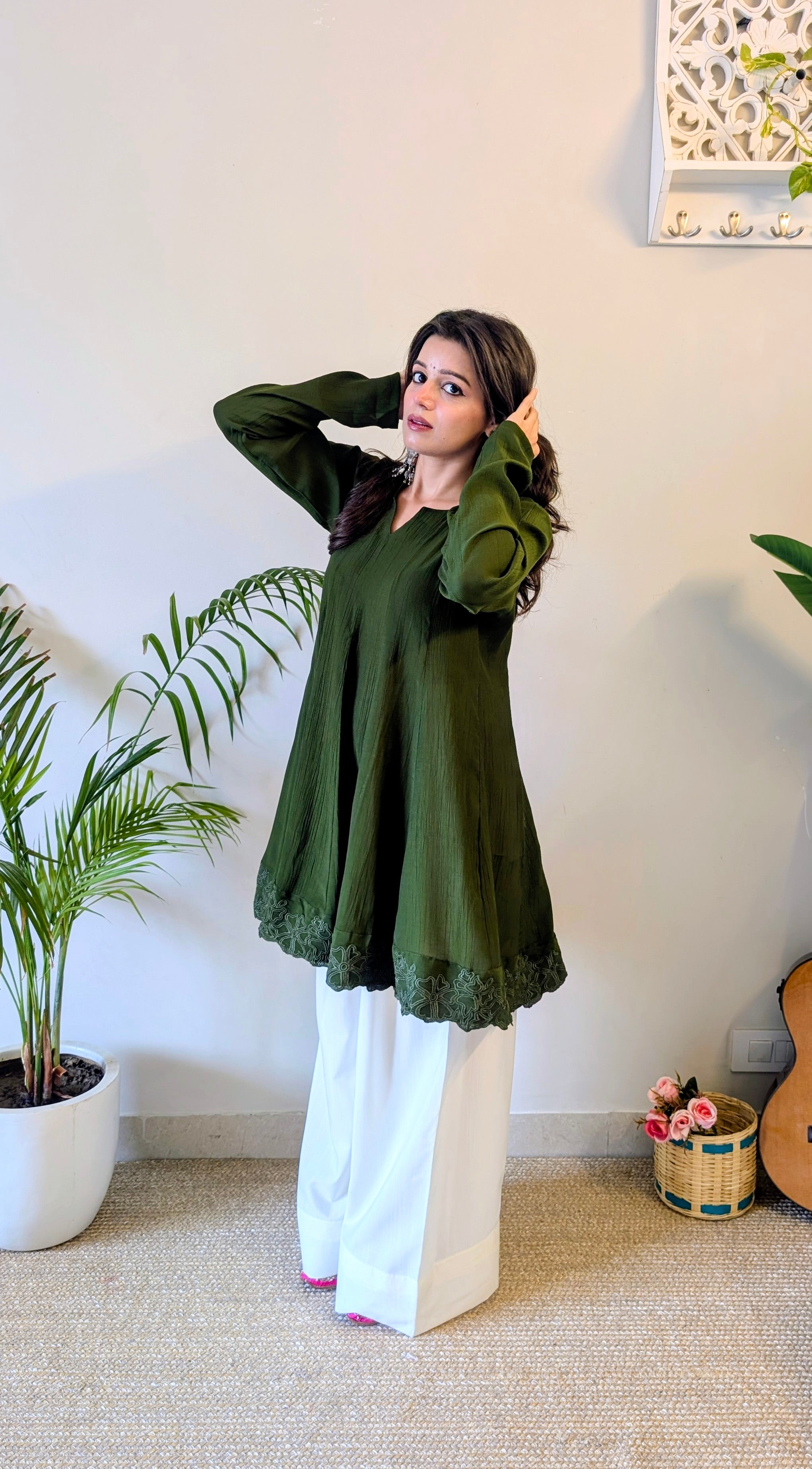 Olive green embroidered Anarkali set