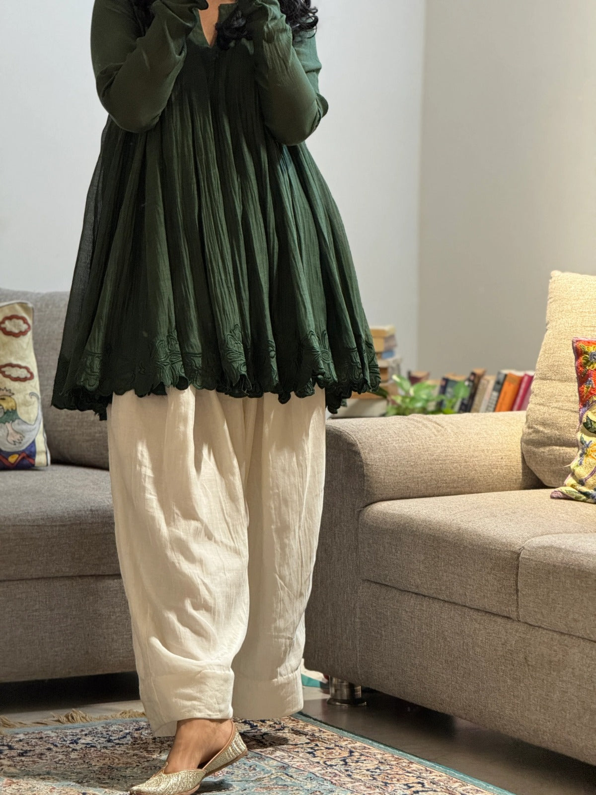 Olive green embroidered Anarkali set
