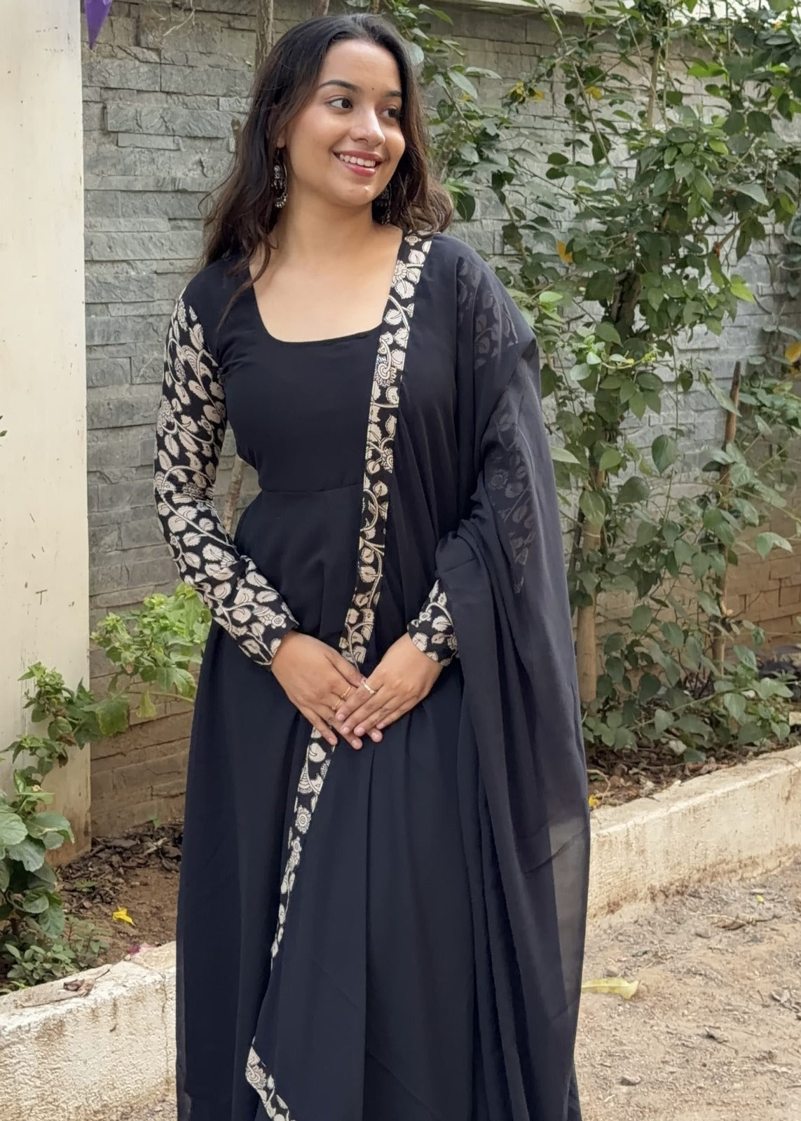 PALLAK Black Anarkali Suit Set with Printed Sleeves & Matching Dupatta for Women