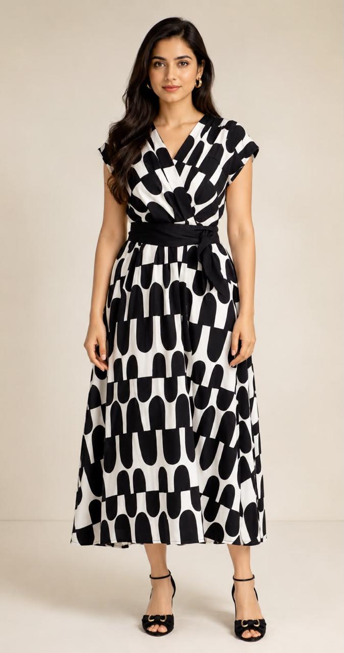 Dhruvi Black & White Printed Wrap Style Midi Dress