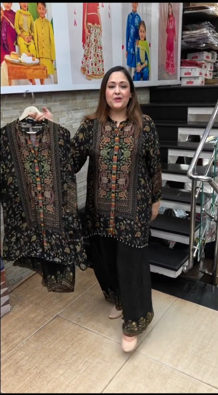 Women’s Black Printed Kurta with Palazzo Set
