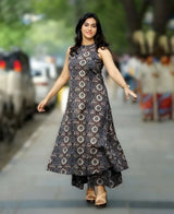 Shreya cotton printed green halter neck A-line kurta pant